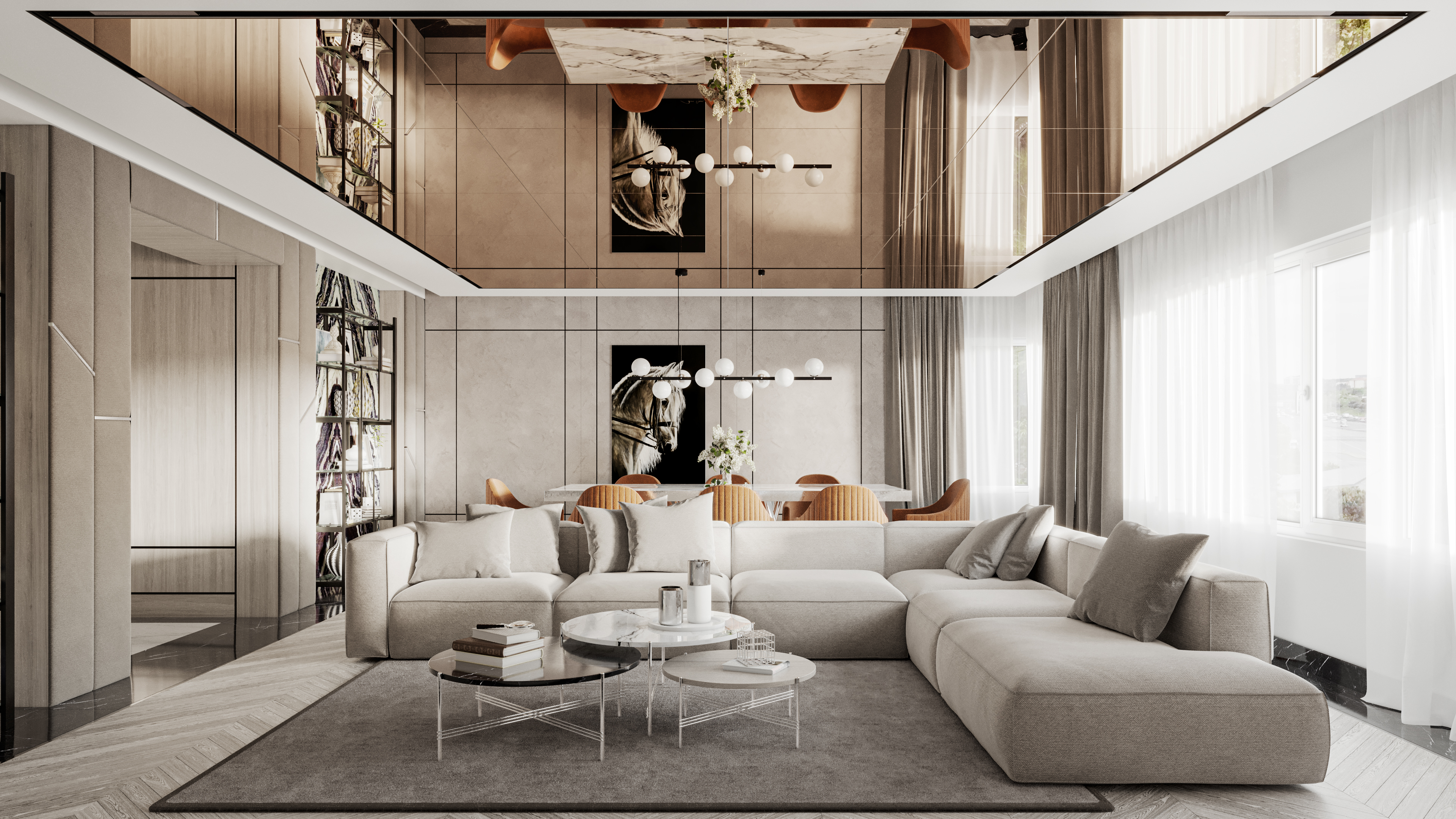 Double-height living and dining hall in cognac leather and book-matched marble